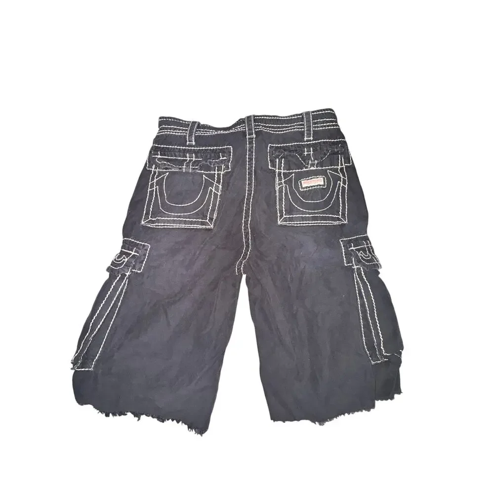 True Religion Isaac Big T Cargo Shorts Men's Size 31 Gray Cut Off Drawstring